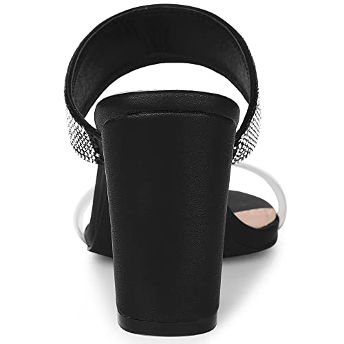 Allegra K Allegra K Women's Rhinestones Heel Dual Straps Chunky Heels Black Slide Sandals 6 M US