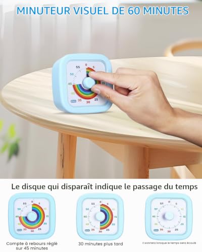 Cexovo Minuteur Visuel Timer 60 Minutes Outil de Gestion du Temps Compte à Rebours Silencieux, Motif Arc-en-Ciel, pour Enfants et Adultes,Salle de Classe, Devoirs, Cuisine, Bureau, Réunions (Bleu) – vue 3