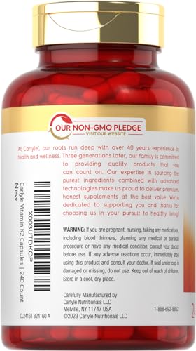 carlyle vitamin k2 supplement 100 mcg  k2 mk-4  240 capsules  non-gmo amp gluten free