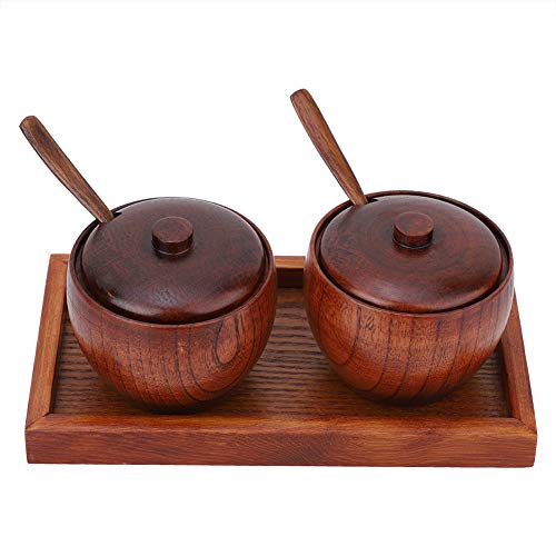 HERCHR 2Pcs Wooden Salt and Pepper Bowls with Lid and Spoon, Sugar Jars Spice Seasoning Box Set with Serving Tray