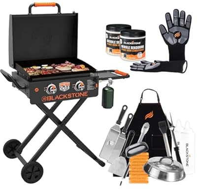 22 inch Blackstone Griddle with Hood and Grill Stand, Foldable Outdoor Flat Top Grill Propane Portable Gas Grill, BBQ Grill with Blackstone Accessories, Seasoning, and Blackstone Griddle Gloves