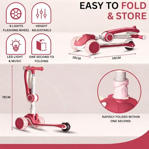 Image of Kids Scooter with Seat | 3 Wheel Foldable Toddler Scooter |4-Level Adjustable Handlebar Height | Lean-to-Steer, LED Wheels | Portable Kick Scooter for Boys & Girls Ages 3-12 (KS-267 Red)
