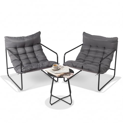 Bonnlo Conjunto Jarín Exterior, 3 Piece Patio Bistro Set con 2 Sillones Acolchados, Conjunto de Muebles para Jardín, Balcón, Terraza y Salón Interior, Gris