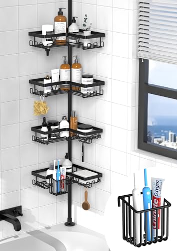 Kegii Corner Shower Caddy Telescopic Bathroom Organiser with Toothbrush Holder, No Drilling Bathtub Shelf for Inside Shower, Rustproof Bathroom Tub Organiser, Fits 63.5cm - 290cm Height