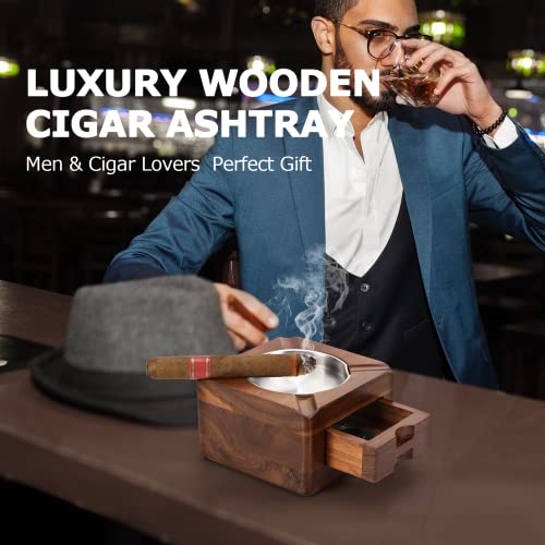 Tesonway Wooden Square Ashtray 4 Slots with Cigar Accessories Drawer for Indoor Outdoor Patio Home Office, Personalized Gifts for Men - Image 8