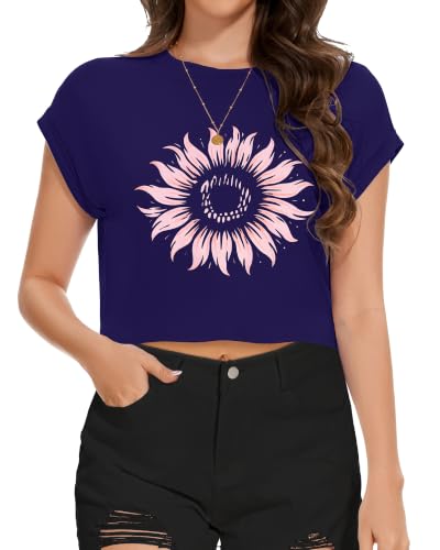 Image of Womens Crop Tops Summer Roll Cap Sleeve Cropped Tshirt Loose Fit Basic Tees