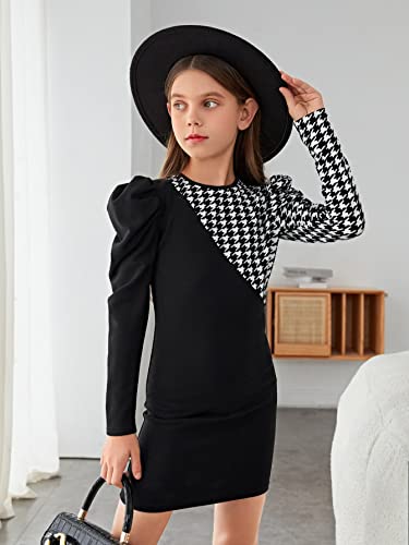 WDIRARA Girl's Houndstooth Long Gigot Sleeve Round Neck Fitted Party Mini Dress3
