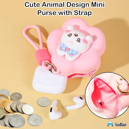 Image of FunBlast Soft Silicone Coin Pouch - Cute Animal Design Mini Purse with Strap, Multipurpose Silicone Pouch, Small Zipper Wallet for Kids & Girls, Kawaii Coin Bag - 9 X 9 X 6.5 cm (Pink)