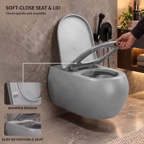 Image of Plantex Commode for Toilet /Rimless Wash Down Commode /Wall Hung Toilet with Soft Close Toilet Seat - P Trap (Matt Grey)