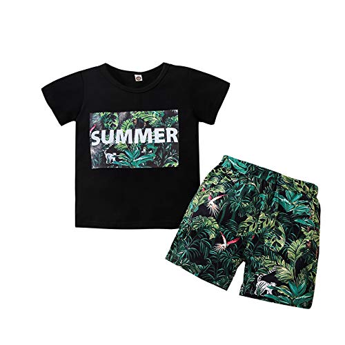 Kid Baby Boy Summer Letter Print Short Sleeve T-Shirt Top Floral Shorts Set Toddler Summer 2Pcs Clothes (A # Green, 4-5T)