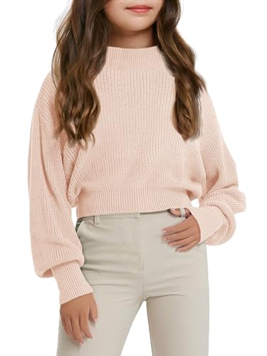 Image of Haloumoning Girls Knit Pullover Sweaters Mock Neck Long Lantern Sleeve Jumper Tops 5-14 Years