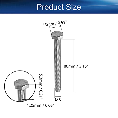 Image of Bettomshin 4Pcs M8 x 80mm Hex Bolts, 304 Stainless Steel 1.25mm Thread Pitch Fully Threaded Metric Hex Head Screw Bolts, Hexagon Screw Bolt, Hex Tap Bolts, Silver, A2-70 (Overall Size 85.3x13x13mm)