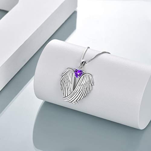 Image of YFN Angel Wings Necklace 925 Sterling Silver Guardian Angel Wings Pendant Necklace Birthstone Necklace for Women Girls Christmas Jewelry Gifts