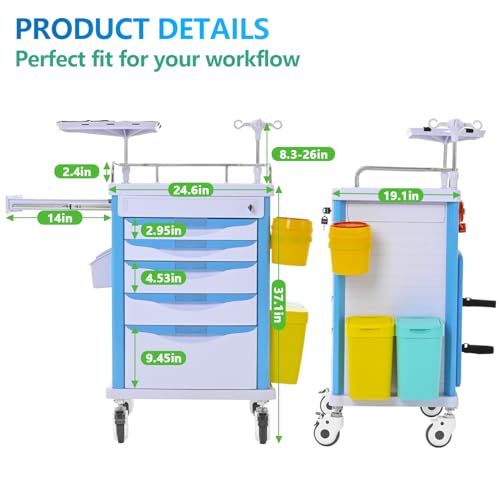 Lezbanz Medical Rolling Storage Crash Cart with Wheels & Drawers, Mobile Medical Cart with 5-Drawer, Medical Rolling Cart for Supplies, Nursing Emergency Cart for Hospital & Clinic, Adjustable IV Pole