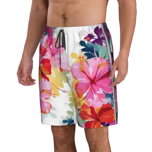 Hawaiian Flower Print Men's Swim Trunks Quick Dry Board Shorts with Pockets Casual Drawstring Beach Shorts2