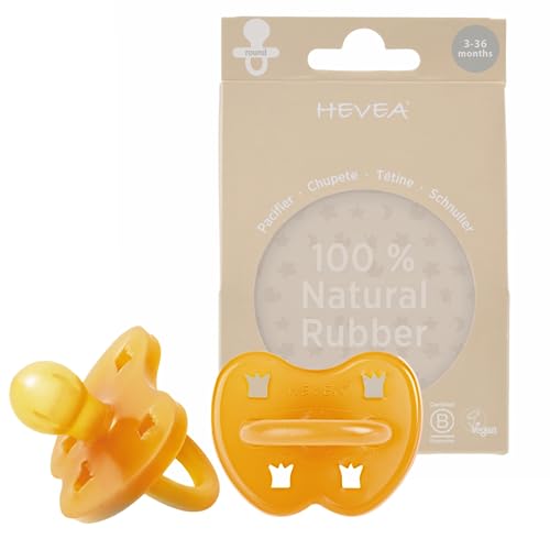 HEVEA Chupete de goma natural, pack de 2, de origen vegetal, libre de plásticos, ecológico, libre de BPA y aprobado su contacto con comida. (Tetina redonda 3-36 meses)