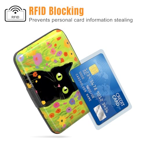Image of Rimilak Aluminuml Credit Card Holder, Mini Credit Card Wallet RFID Blocking Slim Metal Hard Case for Women Men, Cute Cat