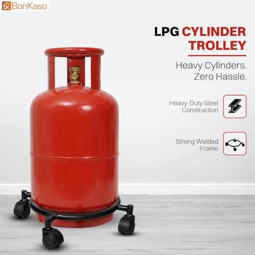 Image of Bonkaso Gas Cylinder Trolley with Handle, Heavy-Duty Alloy Steel Stand with 4 PP Twin-Wheel 360 Swivel Casters, 60 kg Load Capacity, Powder-Coated Black Finish