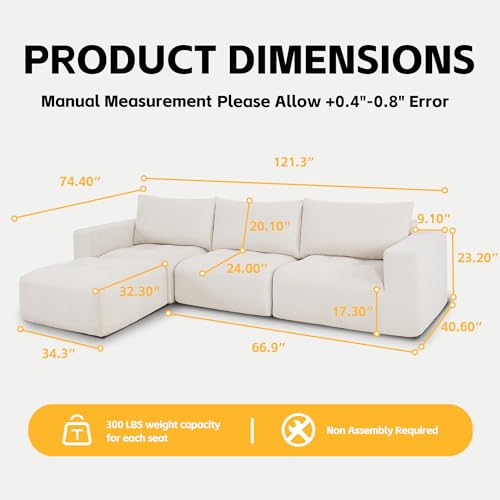MCombo 121" Modular Sofa Couch, No Assembly Required, L Shaped Compressed Sectional Sofa with Ottoman, Deep Seat Upholstered Boneless Couch for Living Room, SS378 (White) - Image 4