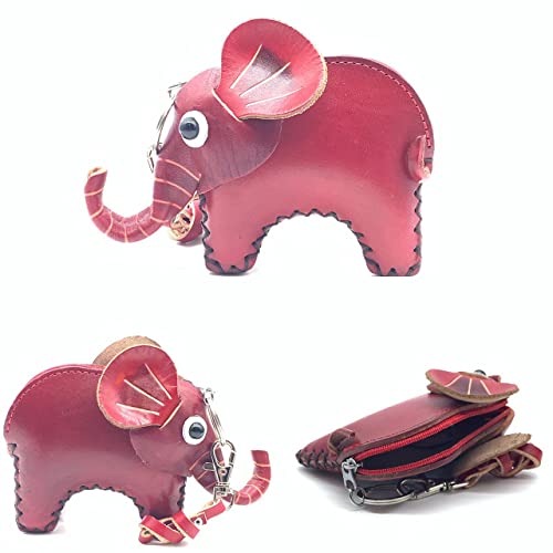 Vintage Genuine Leather 3D Animal Elephant Coin Purse With Removable Wrist Strap #002 (Red)4