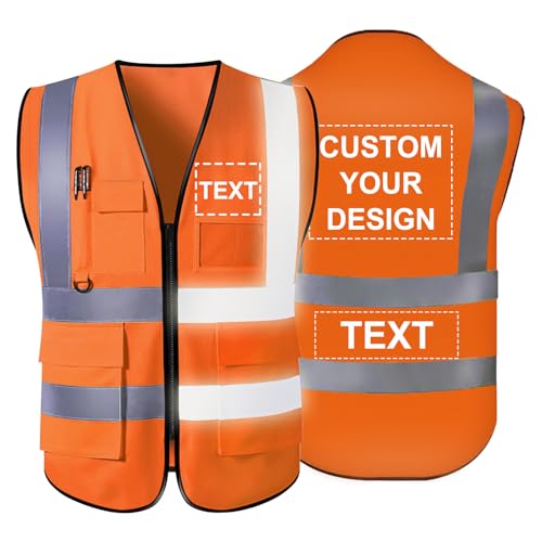 YouBaiVS Gilet de Sécurité Personnalisable pour Hommes Haute Visibilité Réfléchissant 5 Poches avec Logo Fermeture à Glissière S-5XL pour Vêtements de Travail de Protection Extérieure Orange