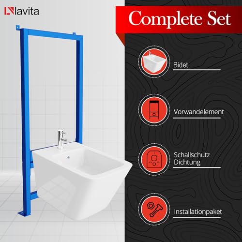 LAVITA Vorwandelement für Bidet LAV 500 + Wand-Bidet Lago Komplettset Wand-Hänge Bidet mit Hahnloch und Überlaufschutz aus Keramik WC Toilette Hygienisch und Pflegeleicht 34x48,5x32,5 cm – Bild 3