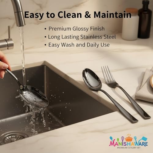 Image of Classic Black 4 Pcs Stainless Steel Cutlery Set for Dining Table, Dishwasher Safe Glossy Flatware (Perfect Spoon Fork Set)