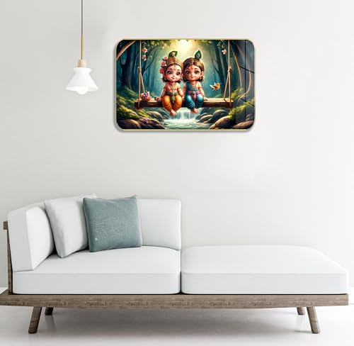 Image of Masstone Radha Krishna Crystal Embedded High Gloss Wall Painting, Golden Slim Frame, 45x30 Cm Wall Art for Living Room, Bedroom, Office & Home Decor (HG05)