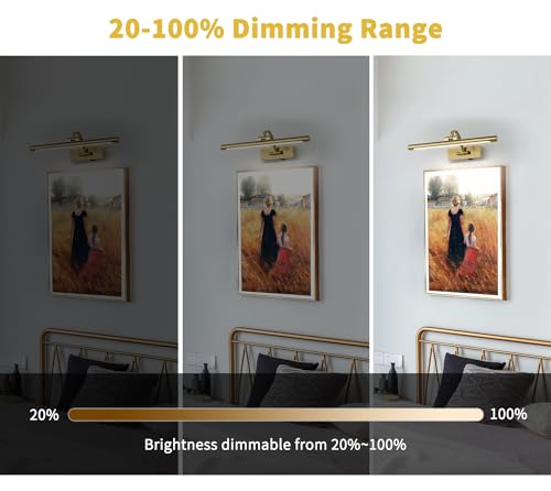 Remote-Controlled Battery Picture Light - Wireless Dimmable Art Lighting for 16 Canvas and Portraits, Brass Rechargeable Design