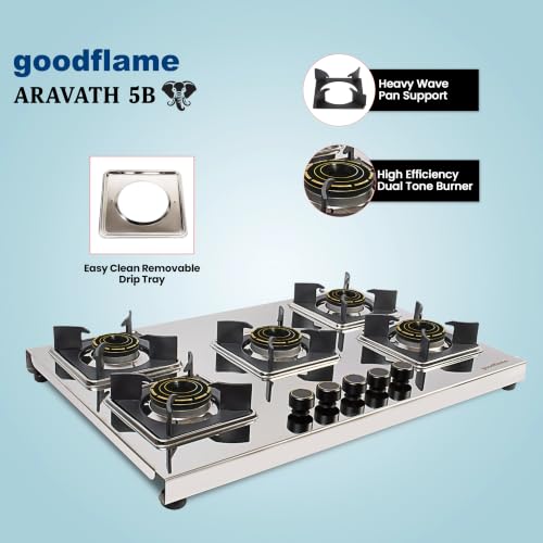 Image of goodflame Aravath 5 Burner Stainless Steel Gas Stove for Kitchen | Heavy 2MM SS Body | Brass Burners | 2 Year Warranty | ISI Certified | Manual Ignition | LPG Ready and PNG Compatible, (Silver)