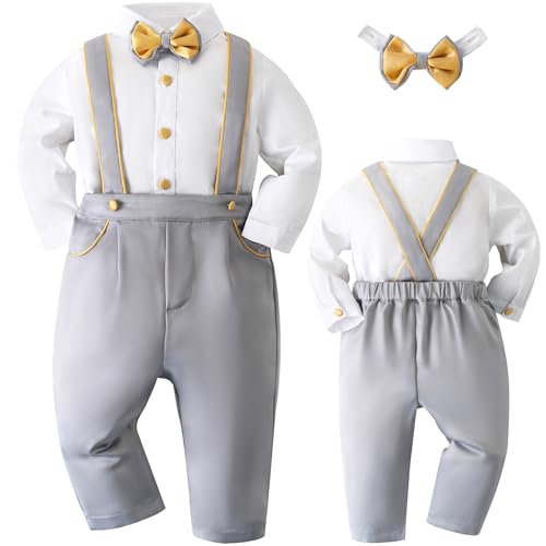 Booulfi Ropa de bautizo para bebé y niño, de algodón, 3 piezas, color blanco, Gris-4252, 12-18 meses