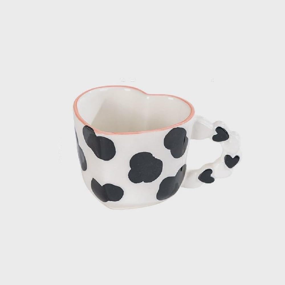 FülleMore Süße Kaffeetasse mit Herz-Henkel 250ml Porzellan Kaffeebecher Herzform Keramiktasse Valentinstagsgeschenk Geburtstag Geschenkidee für Freund Freundin Partner (Schwarz-Kuh)