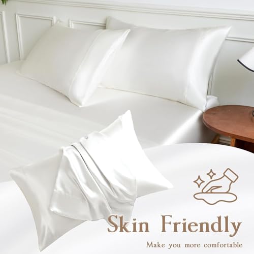 Image of Satin Pillow Covers Set of 2 with 3 Free Random Color Hair Scrunchies - Anti-Frizz, Skin-Friendly, Soft & Durable Pillowcase Set for All Hair Types (White)