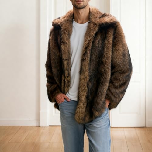 Image of Colf Men's Winter Parka Coat Lapel Faux Fur Jacket | Mens Faux Fur Coat, Long Sleeve, Fluffy Overcoat, Winter Jacket