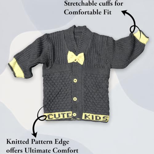 Image of Baby Unisex New Born Baby Boys Girls Soft Comfortable Trendy Woolen Round Neck Stripe Sweater Set with Payjami, Cap and Pair of Booties for Toddlers