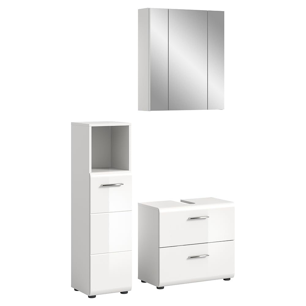 Lomadox Badezimmer Badmöbel-Set 3-teilig in weiß mit weiß Hochglanz, mit 1 Midischrank, 1 Spiegelschrank mit 3D-Funktion & 1 Waschbeckenschrank
