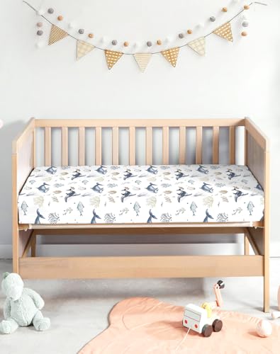 Image of Crib Sheets for Boys and Girls, 2 Pack Fitted Baby Sheets for Standard Toddler Mattress 28 inch x 52 inch, Soft Breathable Jersey Knit Baby Bedding (Aquatic Adventures)