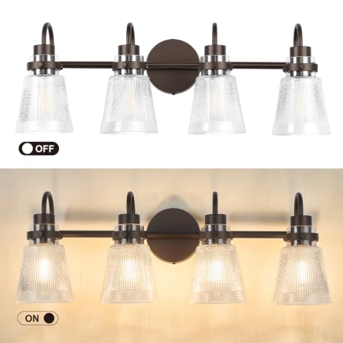 Image of Vintage Farmhouse Vanity Wall Sconce Lighting, 4-Light Oil Rubbed Bronze Bathroom Vanity Light Over Mirror with Clear Striped Glass Shade, 25.7 inch Retro Wall Lamp for Bedroom Living Room
