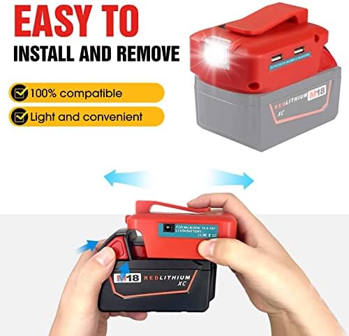 YSDZ Battery Adapter Converter for Milwaukee M18 18V Lithium Ion Battery with Belt Clip & Dual USB Power Source Charger & 12V DC Port & 3W LED Light Flashlight