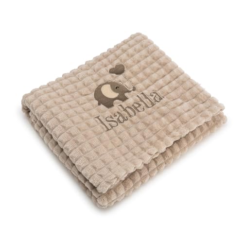 Lobeko Personalised Baby Blanket Embroidered with Name & Elephant Design Soft Customised Blanket for Newborn Baby Girl Cot & Pram Blanket Baby Girl Present 100x75cm (Pink, Blue, White) (Coffee)