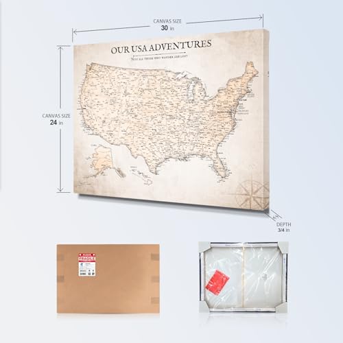 Image of IPIC - Vintage USA Map Pin Board Canvas Wall Art, Travel Map with Pins Included, Ready to Hang for Home or Office 30x24 Inch