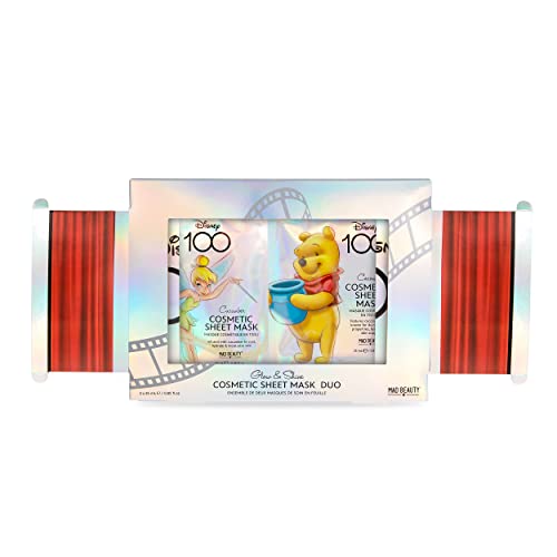MAD Beauty - Dúo de Mascarillas Faciales Disney 100 | Biodegradables | Winnie the Pooh y Campanilla | Ácido Hialurónico | Pepino y Coco | Hidratación y Relax, 1 unidad (Paquete de 1)