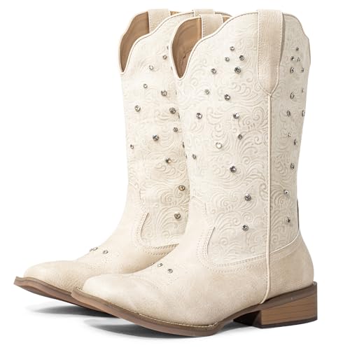 SheSole Wide Calf Cowboy Boots Women White 8 X-Wide