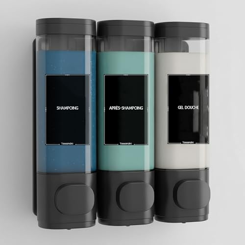 Lot de 3 distributeurs Savon Mural Tassandre – Flacon Pompe Vide 300ml – sans perçage – Distributeur Gel Douche, shampoing, Savon – avec 10 étiquettes...