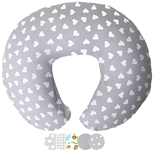Niimo Nursing Pillow - Multifunctional Breastfeeding Pillow - Tummy Time Pillow with 100% Cotton Pillowcase - Gifts for Moms - Washable Breastfeeding Pillows - Pregnancy Pillow Grey-White Hearts