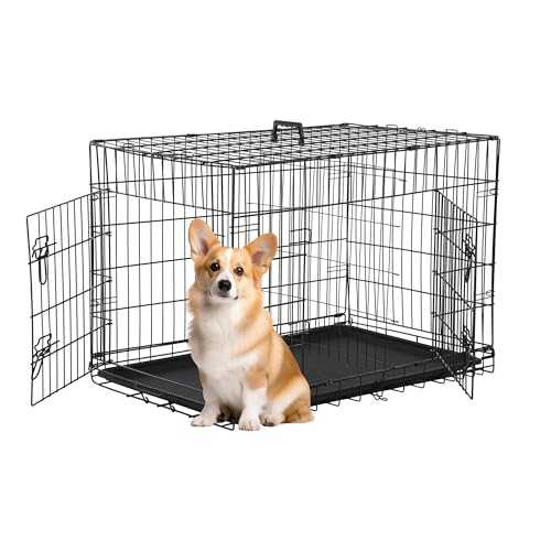 FDW 30 inch Dog Crate Dog Kennel Cage with Double Door Folding Metal Wire Dog Cage with Removable Tray&Divider Panel,Pet Crate for Medium Dogs,Black