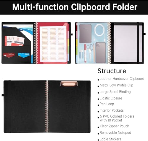 Image of HAUTOCO Leather Clipboard Folio, Spiral Organizer with Notepad & Storage