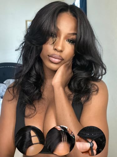 Image of KLAIYI EasiContour V Part Wig Human Hair Body Wave Glueless Upgrade U Part Wig No Leave Out No Gel Clip in Half Wig V Shape Pull and Go Beginner Friendly Ready to Wear Natural Black Color 150% 26Inch