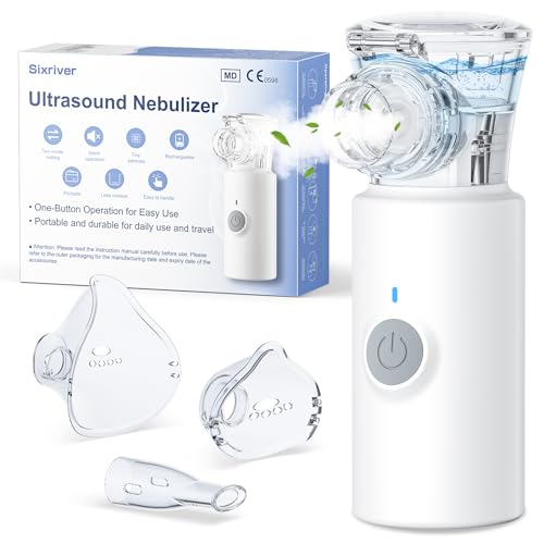 Inhalationsgerät, Sixriver Leiser Tragbarer Inhalationsgerät für Erwachsene und Kinder, Partikelgröße 1-5µm, Einstellbarer Sprühnebel, USB Aufladbarer Inhalator mit 2 Masken und 1 Mundstück, Weiß