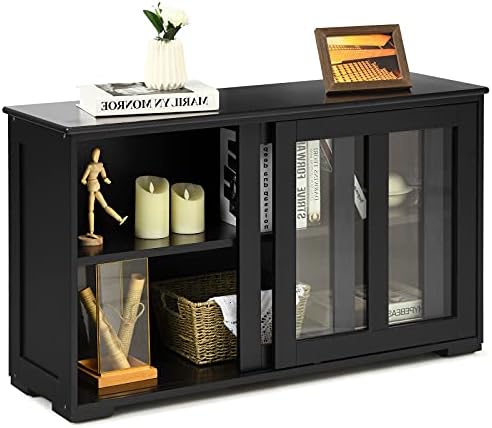 Costzon Kitchen Sideboard, Antique Stackable Storage Cabinet with Height Adjustable Shelf, Sliding Door Window, Wooden Cupboard Server Buffet Console Table for Home Dining Room Entryway (Black)